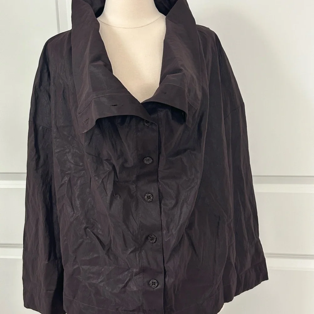 OZAI N KU sz 3XL 3X Brown Coated Crinkle Funnel Neck Jacket Top Lagenlook